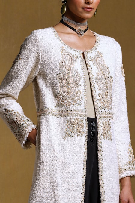 Shop Ritu Kumar Off White Cotton Embroidery Round Neck Floral And Paisley Long Jacket Online at Aza Fashions Shop_Ritu Kumar_Off White Cotton Embroidery Round Neck Floral And Paisley Long Jacket_Online_at_Aza_Fashions