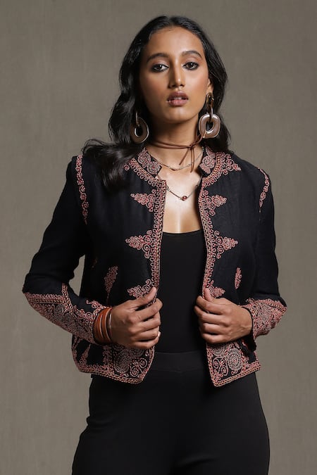 Ritu Kumar_Black Wool Embroidery Open Neck Front Jacket_Online_at_Aza_Fashions