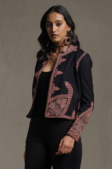 Buy_Ritu Kumar_Black Wool Embroidery Open Neck Front Jacket_Online_at_Aza_Fashions
