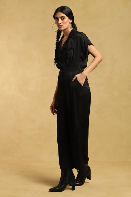 Ritu Kumar Black Viscose Collared Solid Jumpsuit Online at Aza Fashions Ritu Kumar_Black Viscose Collared Solid Jumpsuit_Online_at_Aza_Fashions