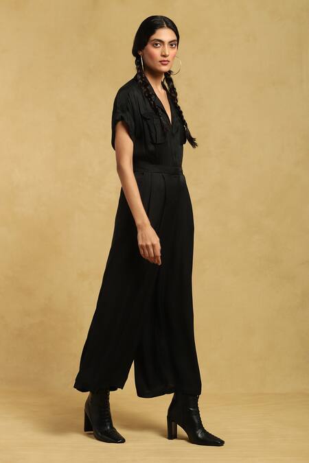 Buy Ritu Kumar Black Viscose Collared Solid Jumpsuit Online at Aza Fashions Buy_Ritu Kumar_Black Viscose Collared Solid Jumpsuit_Online_at_Aza_Fashions