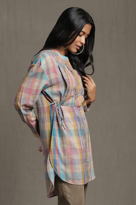 Shop_Ritu Kumar_Multi Color Cotton Mandarin Collar Checkered Print Pintuck Kurta_Online_at_Aza_Fashions