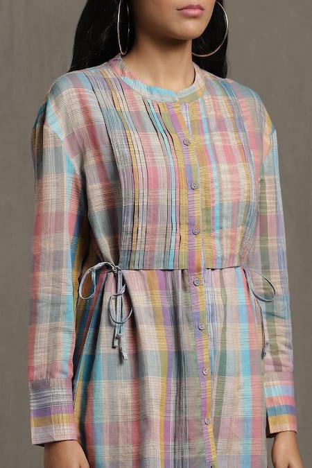 Ritu Kumar_Multi Color Cotton Mandarin Collar Checkered Print Pintuck Kurta_at_Aza_Fashions