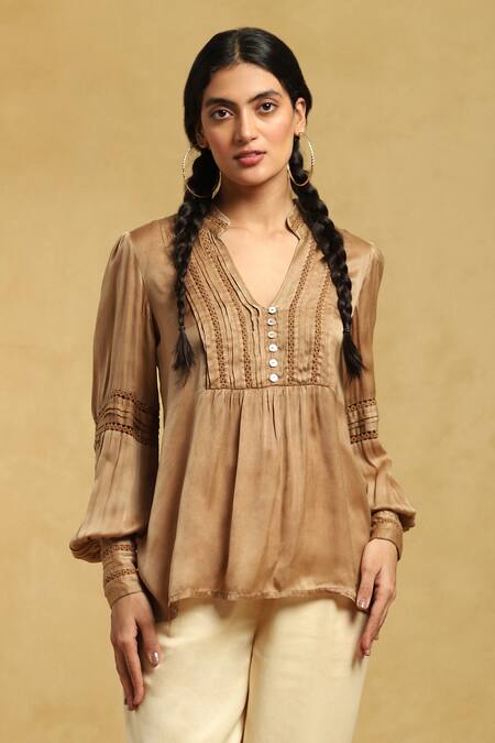 Ritu Kumar_Brown Viscose Lace Mandarin Collar Pintuck Short Kurta_Online_at_Aza_Fashions