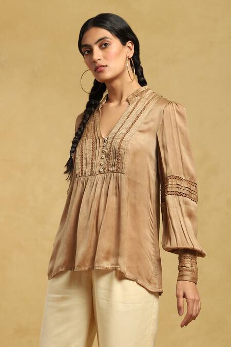 Buy_Ritu Kumar_Brown Viscose Lace Mandarin Collar Pintuck Short Kurta_Online_at_Aza_Fashions