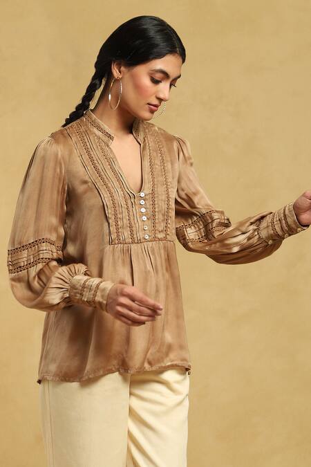 Shop_Ritu Kumar_Brown Viscose Lace Mandarin Collar Pintuck Short Kurta_Online_at_Aza_Fashions