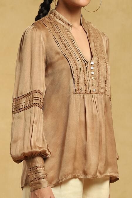 Ritu Kumar_Brown Viscose Lace Mandarin Collar Pintuck Short Kurta_at_Aza_Fashions