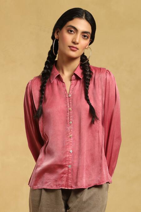 Ritu Kumar_Pink Viscose Shawl Neck Solid Button Down Shirt_Online_at_Aza_Fashions