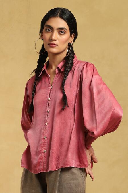 Buy_Ritu Kumar_Pink Viscose Shawl Neck Solid Button Down Shirt_Online_at_Aza_Fashions