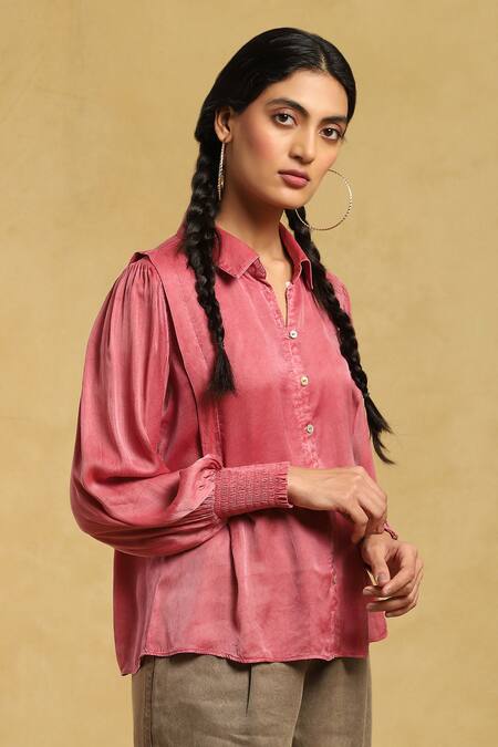 Shop_Ritu Kumar_Pink Viscose Shawl Neck Solid Button Down Shirt_Online_at_Aza_Fashions