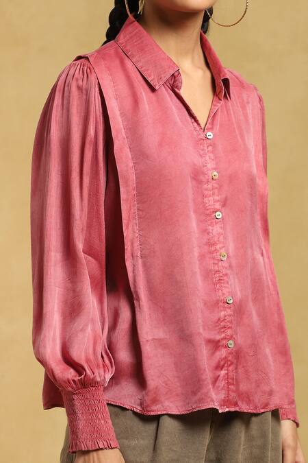 Ritu Kumar_Pink Viscose Shawl Neck Solid Button Down Shirt_at_Aza_Fashions