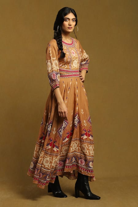 Buy_Ritu Kumar_Beige Cotton Embroidery Round Neck Printed And Cutout Dress _Online_at_Aza_Fashions