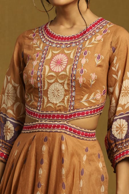 Shop_Ritu Kumar_Beige Cotton Embroidery Round Neck Printed And Cutout Dress _Online_at_Aza_Fashions