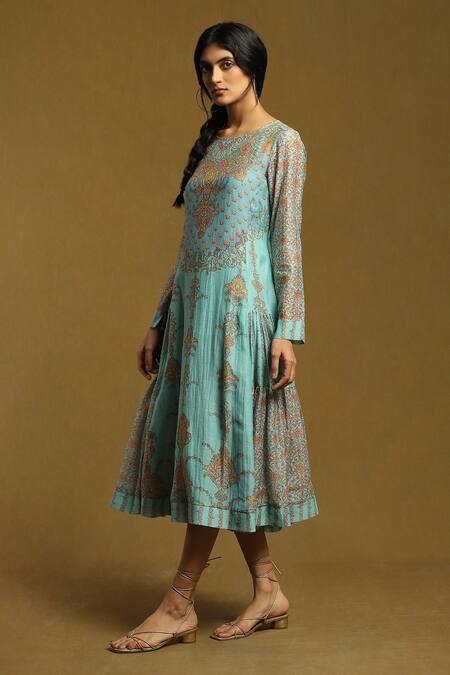 Ritu Kumar_Blue Cotton, Silk Round Neck Printed Tiered Dress_Online_at_Aza_Fashions