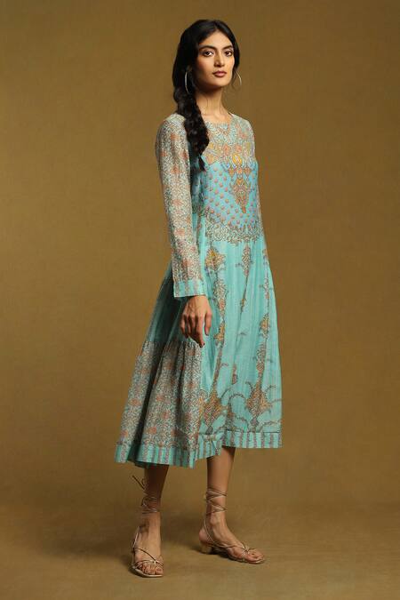 Buy_Ritu Kumar_Blue Cotton, Silk Round Neck Printed Tiered Dress_Online_at_Aza_Fashions