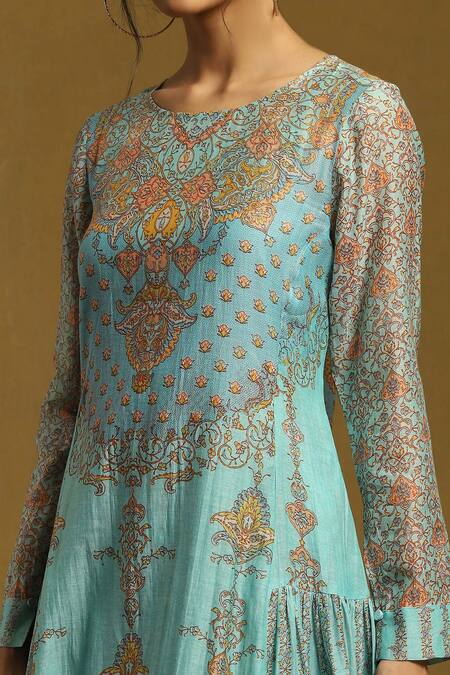 Shop_Ritu Kumar_Blue Cotton, Silk Round Neck Printed Tiered Dress_Online_at_Aza_Fashions