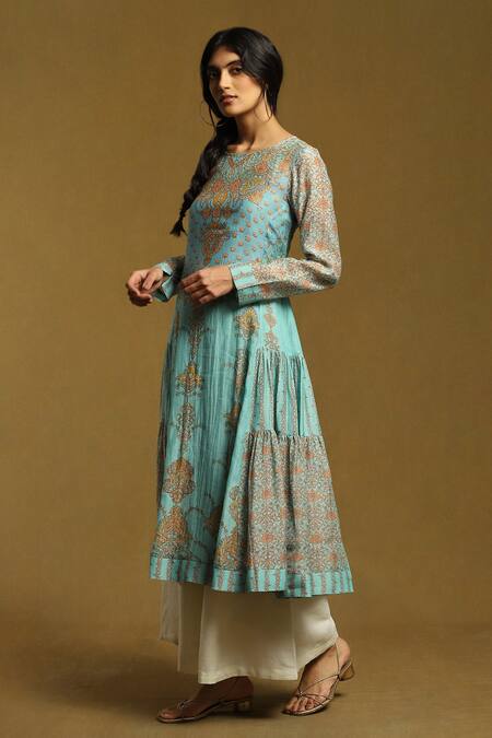 Ritu Kumar_Blue Cotton, Silk Round Neck Printed Tiered Dress_at_Aza_Fashions