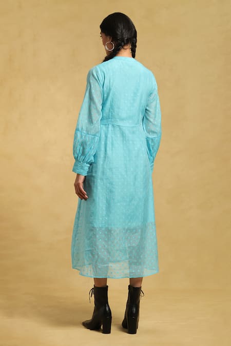 Shop Ritu Kumar Blue Cotton, Silk Mandarin Collar Geometric Pattern Dress at Aza Fashions Shop_Ritu Kumar_Blue Cotton, Silk Mandarin Collar Geometric Pattern Dress_at_Aza_Fashions