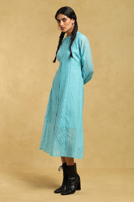 Ritu Kumar Blue Cotton, Silk Mandarin Collar Geometric Pattern Dress Online at Aza Fashions Ritu Kumar_Blue Cotton, Silk Mandarin Collar Geometric Pattern Dress_Online_at_Aza_Fashions