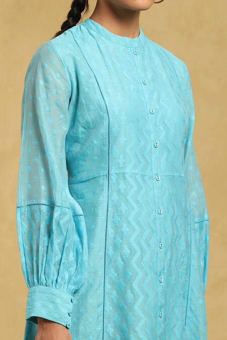 Shop Ritu Kumar Blue Cotton, Silk Mandarin Collar Geometric Pattern Dress Online at Aza Fashions Shop_Ritu Kumar_Blue Cotton, Silk Mandarin Collar Geometric Pattern Dress_Online_at_Aza_Fashions