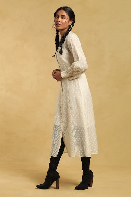 Ritu Kumar_Off White Cotton, Silk Mandarin Collar Geometric Pattern Cuff Sleeve Dress_Online_at_Aza_Fashions