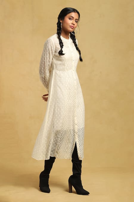 Buy_Ritu Kumar_Off White Cotton, Silk Mandarin Collar Geometric Pattern Cuff Sleeve Dress_Online_at_Aza_Fashions