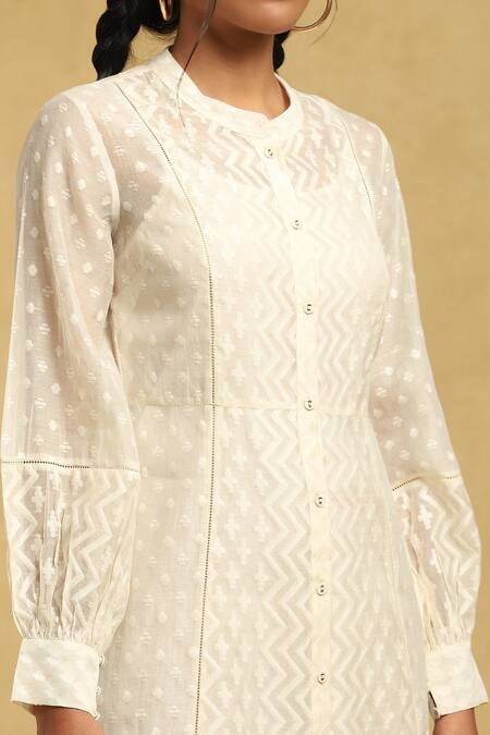 Shop_Ritu Kumar_Off White Cotton, Silk Mandarin Collar Geometric Pattern Cuff Sleeve Dress_Online_at_Aza_Fashions