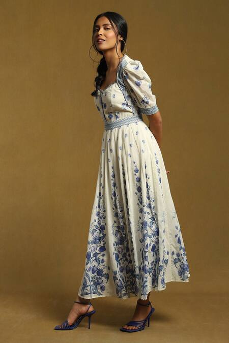 Ritu Kumar_White Cotton Embroidery Scoop Neck Floral Print Puff Sleeve Dress_Online_at_Aza_Fashions