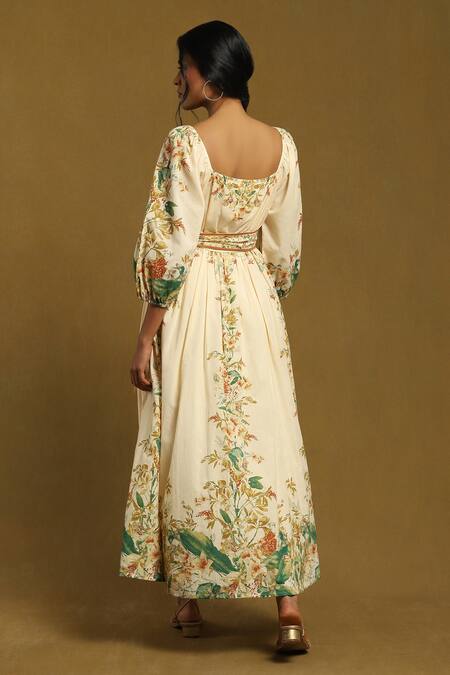 Shop Ritu Kumar Off White Cotton Split V-neck Floret Print Puff Sleeve Dress at Aza Fashions Shop_Ritu Kumar_Off White Cotton Split V-neck Floret Print Puff Sleeve Dress_at_Aza_Fashions