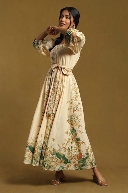 Ritu Kumar Off White Cotton Split V-neck Floret Print Puff Sleeve Dress Online at Aza Fashions Ritu Kumar_Off White Cotton Split V-neck Floret Print Puff Sleeve Dress_Online_at_Aza_Fashions