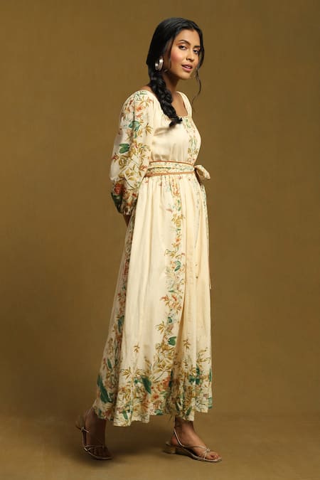 Buy Ritu Kumar Off White Cotton Split V-neck Floret Print Puff Sleeve Dress Online at Aza Fashions Buy_Ritu Kumar_Off White Cotton Split V-neck Floret Print Puff Sleeve Dress_Online_at_Aza_Fashions