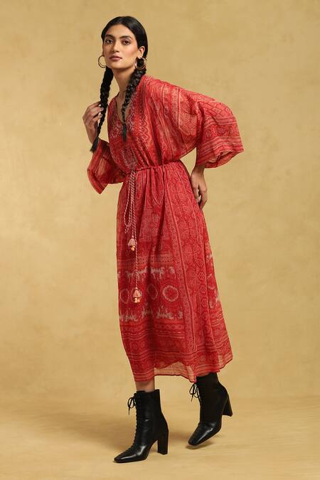 Ritu Kumar_Red Cotton Embroidery V-neck Floret Print Dress_Online_at_Aza_Fashions