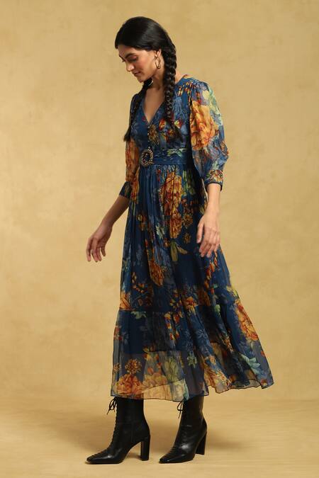 Ritu Kumar_Blue Viscose, Cotton Embroidery V-neck Floret Print Midi Dress_Online_at_Aza_Fashions