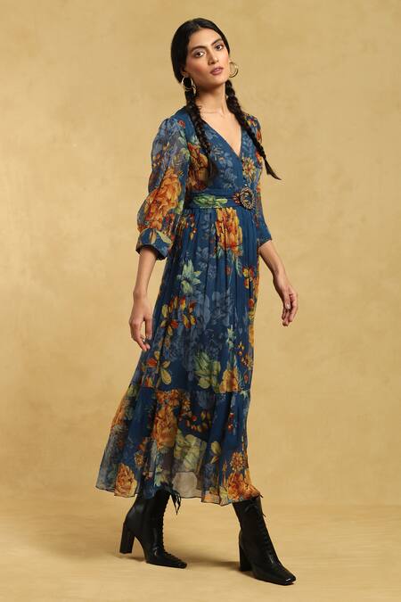 Buy_Ritu Kumar_Blue Viscose, Cotton Embroidery V-neck Floret Print Midi Dress_Online_at_Aza_Fashions