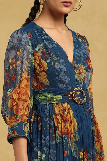 Shop_Ritu Kumar_Blue Viscose, Cotton Embroidery V-neck Floret Print Midi Dress_Online_at_Aza_Fashions