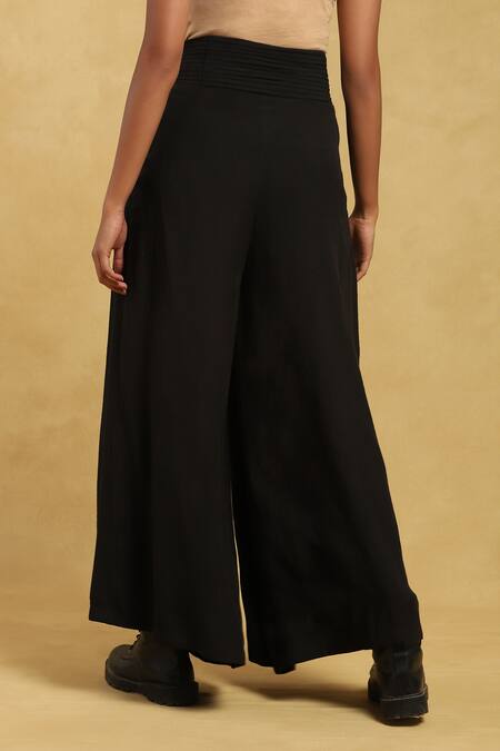 Shop_Ritu Kumar_Black Cotton, Silk Pleated Waistband Palazzo _at_Aza_Fashions