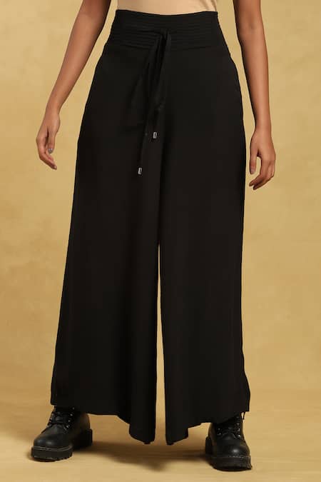 Ritu Kumar_Black Cotton, Silk Pleated Waistband Palazzo _Online_at_Aza_Fashions