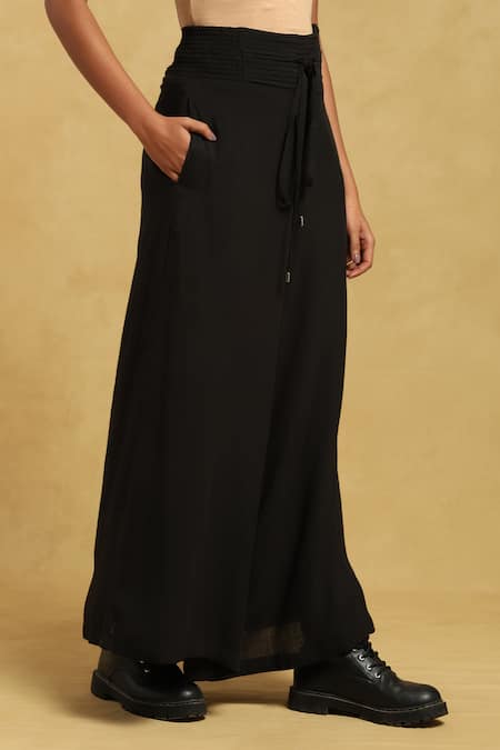 Shop_Ritu Kumar_Black Cotton, Silk Pleated Waistband Palazzo _Online_at_Aza_Fashions