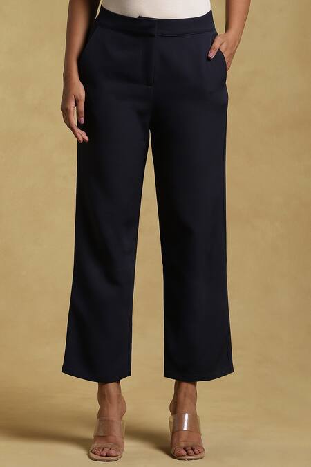 Ritu Kumar_Blue 95% Polyester 5% Spandex Solid Straight-fit Pant_Online_at_Aza_Fashions