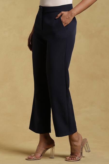 Buy_Ritu Kumar_Blue 95% Polyester 5% Spandex Solid Straight-fit Pant_Online_at_Aza_Fashions