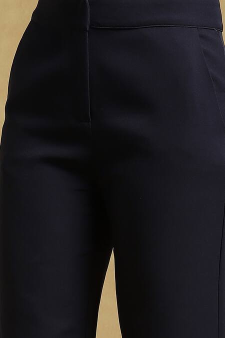Ritu Kumar_Blue 95% Polyester 5% Spandex Solid Straight-fit Pant_at_Aza_Fashions