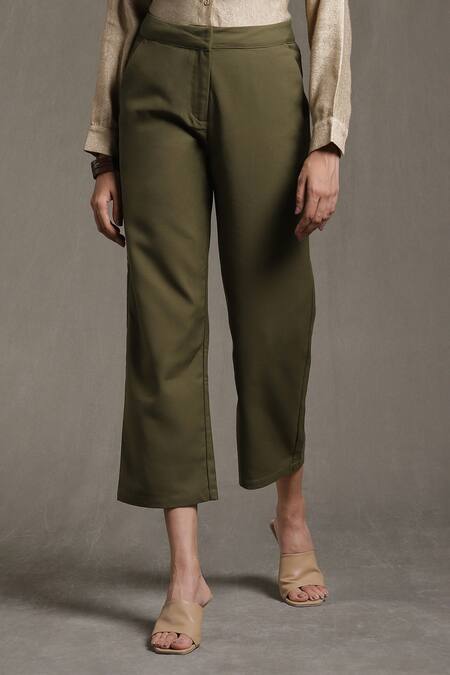 Ritu Kumar Green 95% Polyester 5% Spandex Straight-fit Pant Online at Aza Fashions Ritu Kumar_Green 95% Polyester 5% Spandex Straight-fit Pant_Online_at_Aza_Fashions