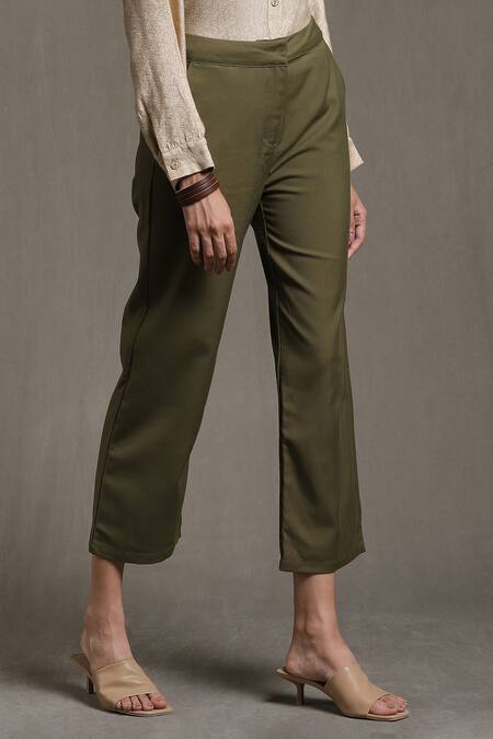 Shop Ritu Kumar Green 95% Polyester 5% Spandex Straight-fit Pant Online at Aza Fashions Shop_Ritu Kumar_Green 95% Polyester 5% Spandex Straight-fit Pant_Online_at_Aza_Fashions