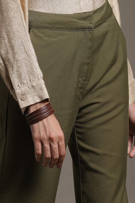 Ritu Kumar Green 95% Polyester 5% Spandex Straight-fit Pant at Aza Fashions Ritu Kumar_Green 95% Polyester 5% Spandex Straight-fit Pant_at_Aza_Fashions