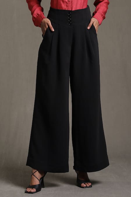 Ritu Kumar_Black 100% Polyester Flared Pant_Online_at_Aza_Fashions