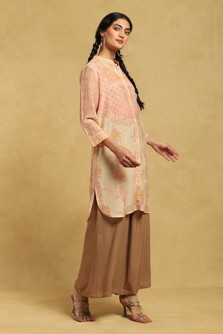Buy_Ritu Kumar_Beige Cotton, Silk Embroidery Mandarin Collar Floret Print Long Shirt_Online_at_Aza_Fashions