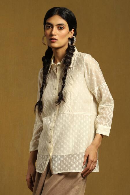 Buy_Ritu Kumar_Off White Cotton, Silk Shawl Neck Geometric Pattern Shirt With Inner_Online_at_Aza_Fashions