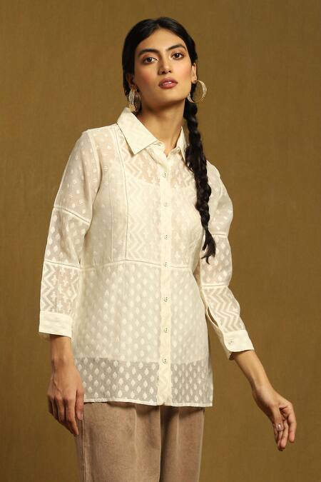Shop_Ritu Kumar_Off White Cotton, Silk Shawl Neck Geometric Pattern Shirt With Inner_Online_at_Aza_Fashions