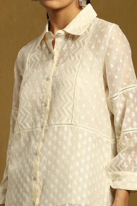 Ritu Kumar_Off White Cotton, Silk Shawl Neck Geometric Pattern Shirt With Inner_at_Aza_Fashions