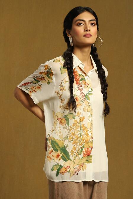 Buy_Ritu Kumar_Off White Viscose Embroidery Shawl Neck Botanic Print Shirt With Inner_Online_at_Aza_Fashions